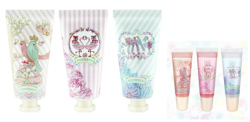 エコネコ ハンド&ネイルクリーム(左から ベルガモットMIXの香り/ローズMIXの香り/ジャスミンMIXの香り)各30ml ¥980 エコネコ モイスチャーリップ(左から アプリコットキャンディ/ミルキィローズ/クリアシュガー)各10g ¥980