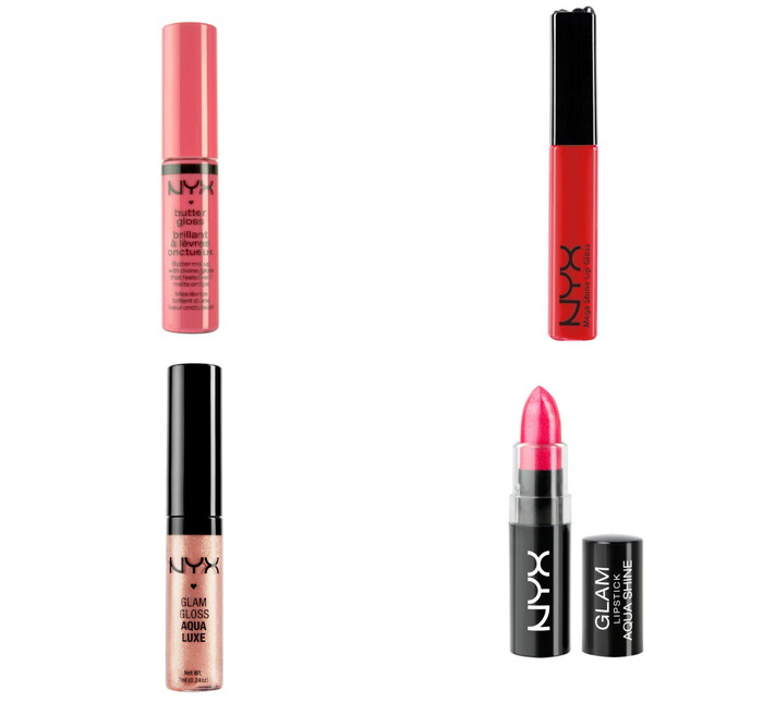 左上から時計回りに、「バターグロス(8ml 全6色)」¥1,300(税抜)、「NYXリップグロス(11ml 全6色)」¥1,080(税抜)、「グラムリップスティック アクアラックス(4.5g 全6色)」¥1,500(税抜)、「グラムリップグロス アクアラックス(7ml 全6色)」¥1,400(税抜) 左上から時計回りに、「バターグロス(8ml 全6色)」¥1,300(税抜)、「NYXリップグロス(11ml 全6色)」¥1,080(税抜)、「グラムリップスティック アクアラックス(4.5g 全6色)」¥1,500(税抜)、「グラムリップグロス アクアラックス(7ml 全6色)」¥1,400(税抜)