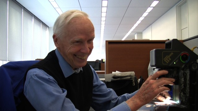 Bill Cunningham editing film on a monitor at his desk at The New York Times, from the feature-length documentary, "Bill Cunningham New York," ( 2010),  directed by Richard Press and produced by Philip Gefter.  TO BE USED ONLY WITH PRESS AND PROMOTIONAL COVERAGE OF THE FILM. NOT TO BE USED FOR ANY OTHER PURPOSE WITHOUT PERMISSION FROM THE FILMMAKERS credit: First Thought Films Contact Philip Gefter: philipgefter@gmail.com